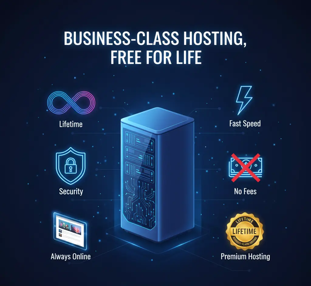 Illustration of a secure server rack representing lifetime business-class hosting.