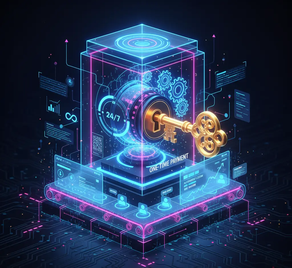 A modern website displayed on a laptop, emphasizing the one-time payment offer.